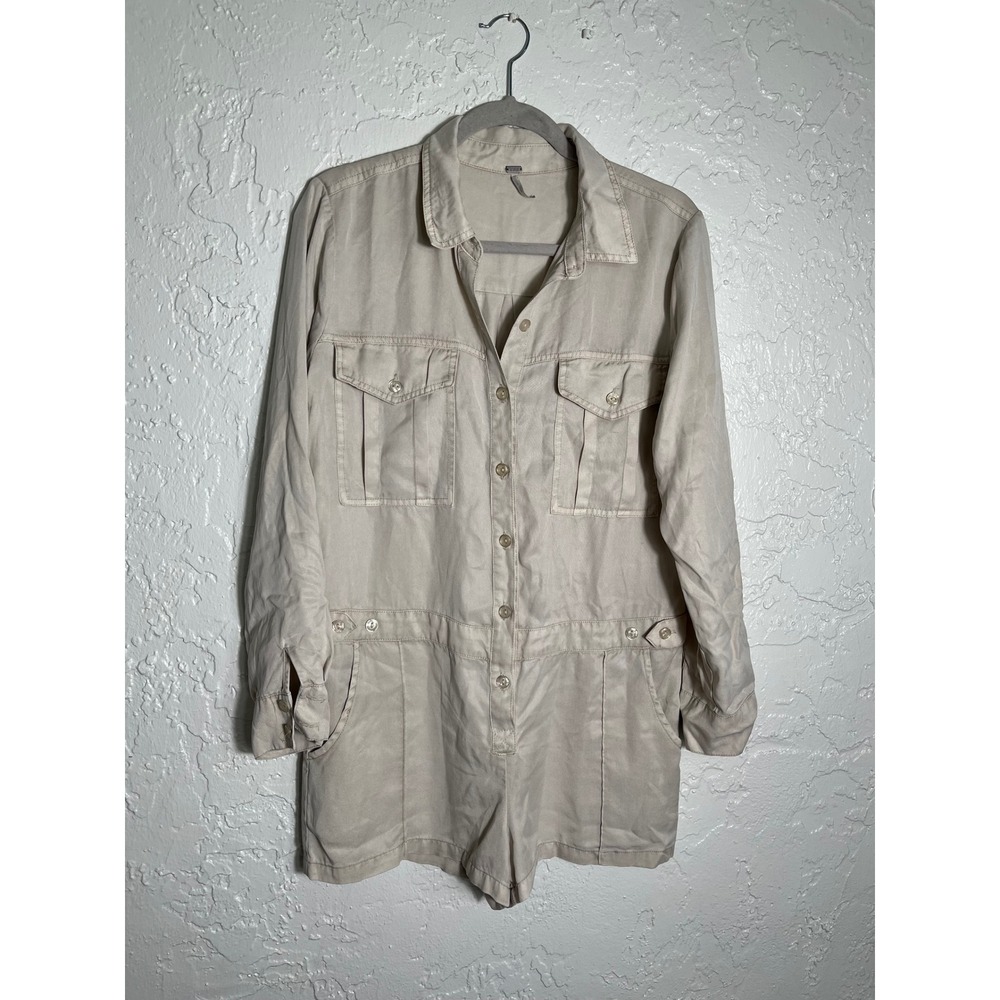 YFB Young Fabulous & Broke Beige Tencel Utility Romper Women's Medium Long Sleev